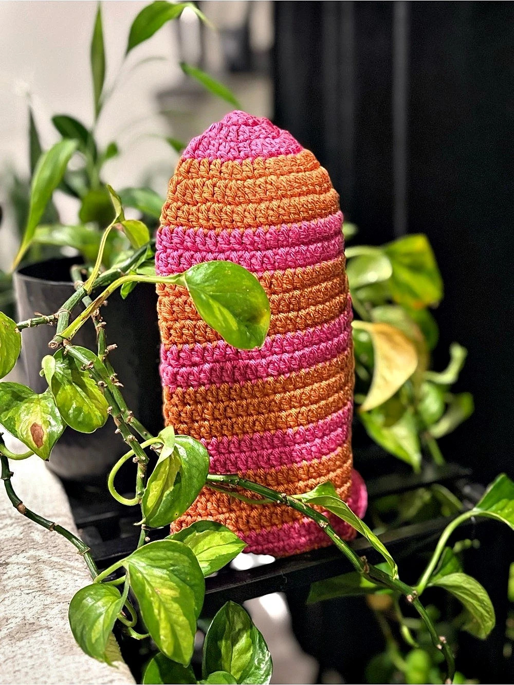 Crocheted Striped Decor in Pink & Orange